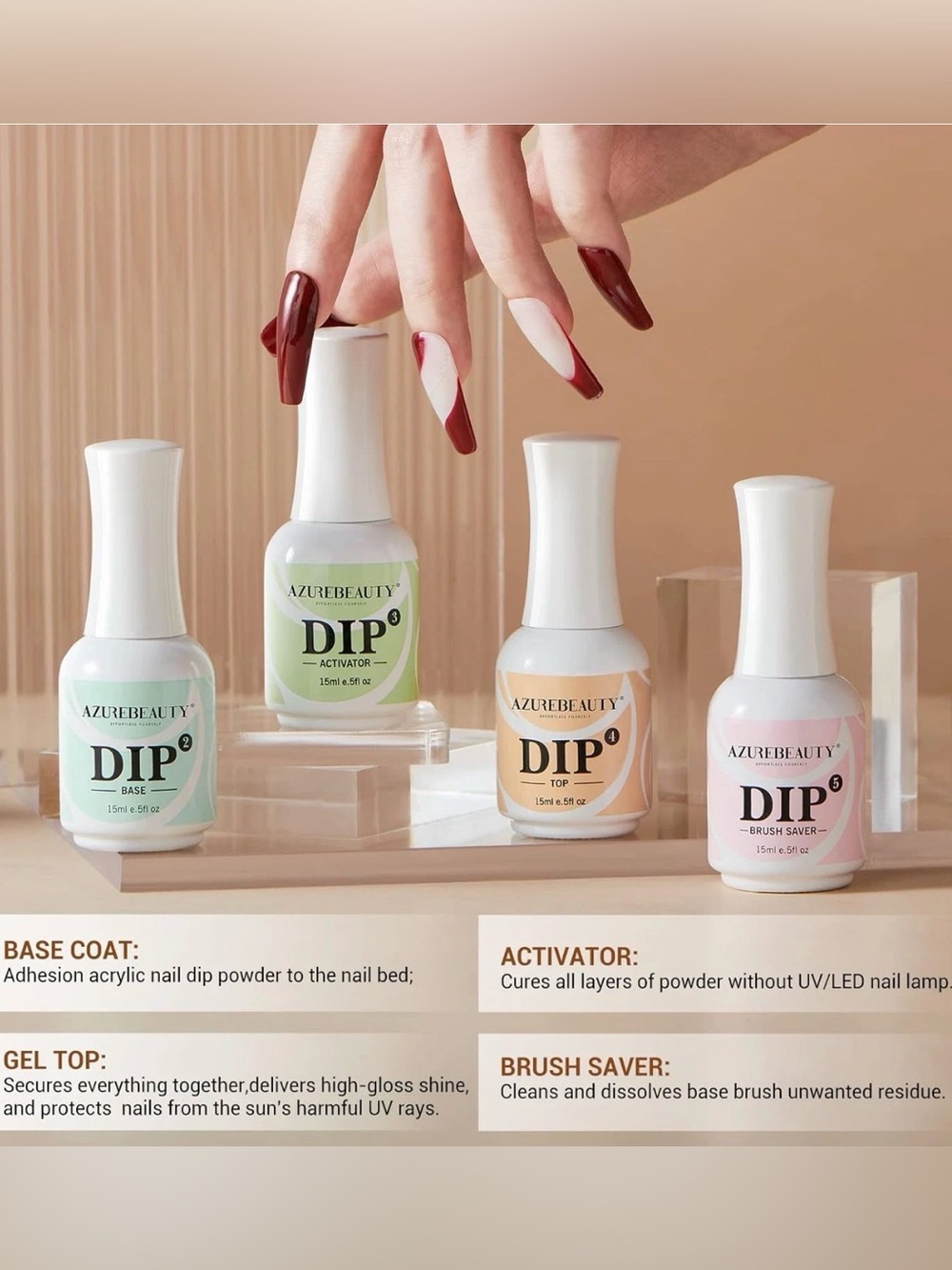 AZURE BEAUTY Dip Powder Liquid Set.
Base / Gel Top / Activator & Brush Saver (4)